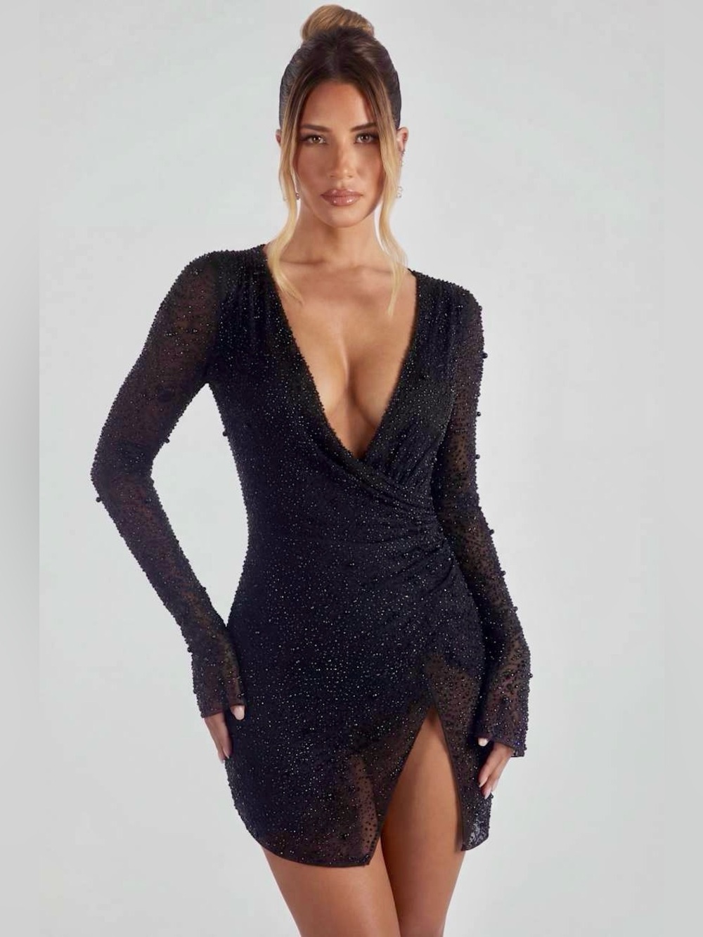Oh Polly Chelsea Wrap Dress Black Beaded Sheer Long Sleeved Size 0